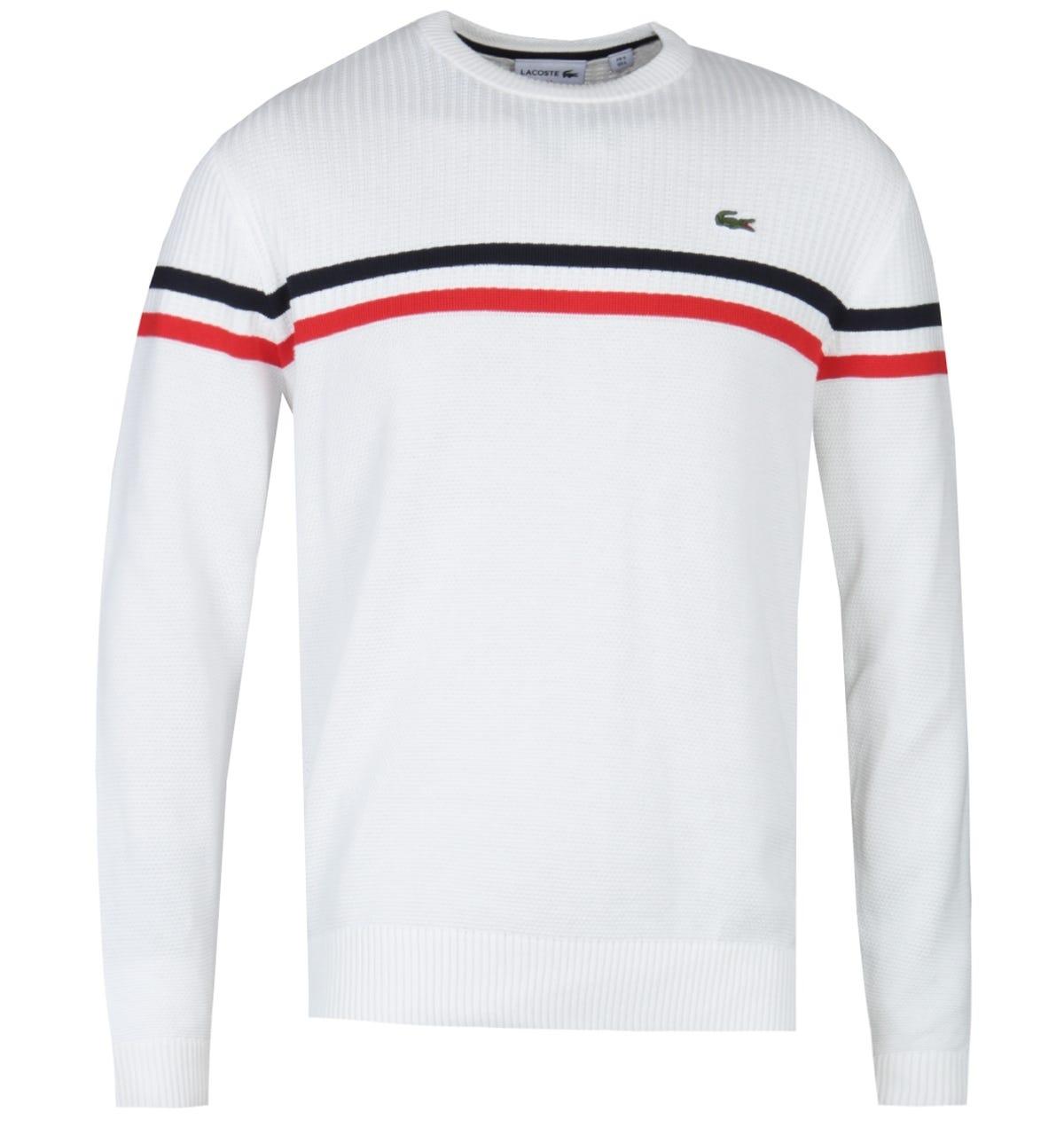 Lacoste Cotton Contrasting Twin Stripe White Knitted Sweater for Men - Lyst