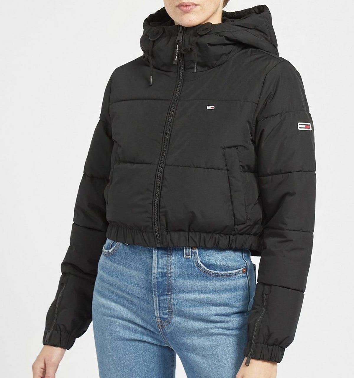 Tommy Hilfiger Womens Cropped Hooded Puffer Jacket in Black | Lyst