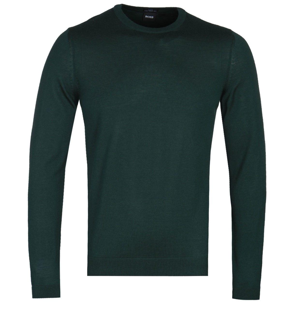 BOSS by Hugo Boss Wool Leno-p Fine Merino Forest Green Crew Neck ...