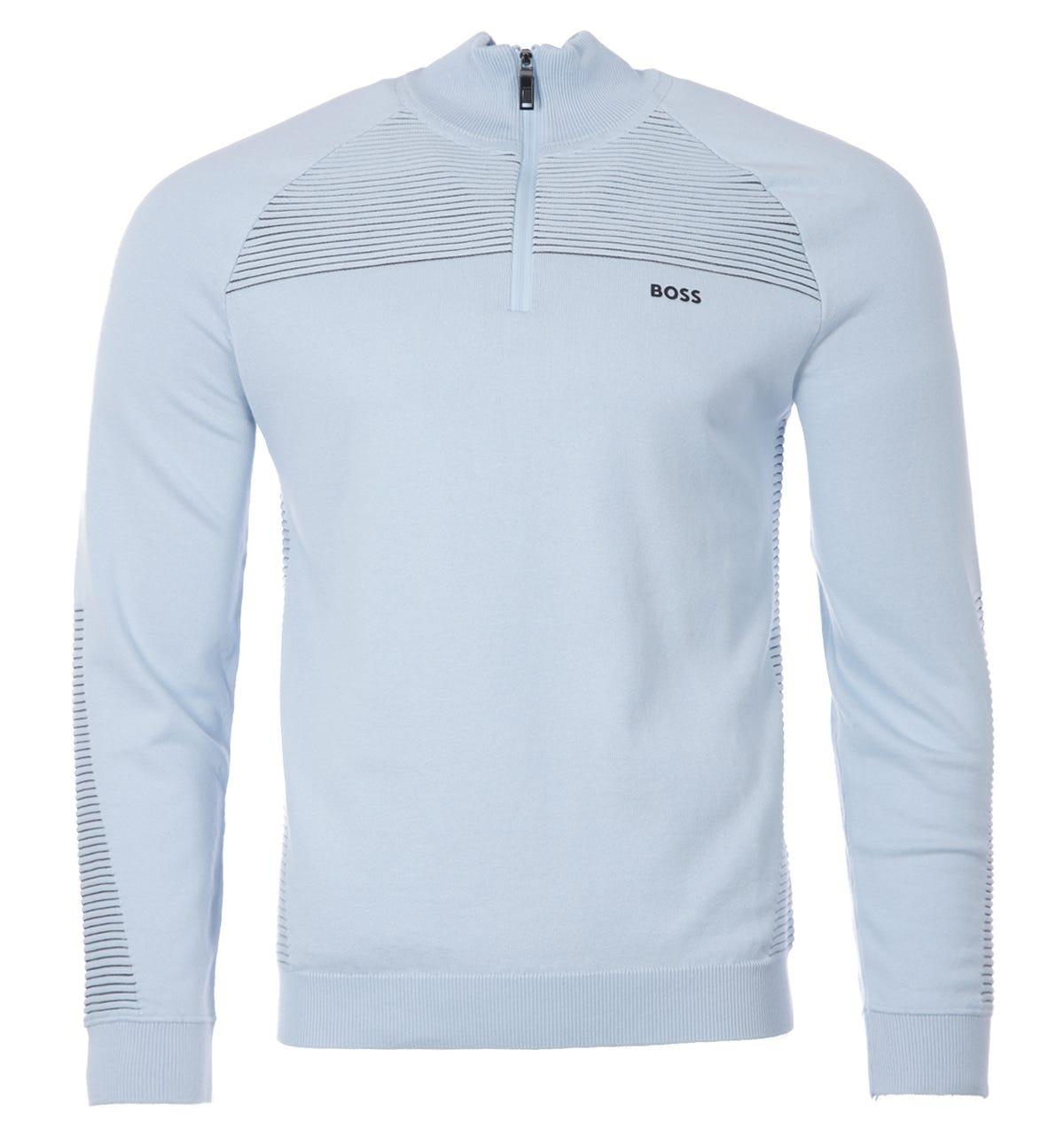 Boss Two Tone Stripes Organic Cotton Half Zip Sweater - Light Blue