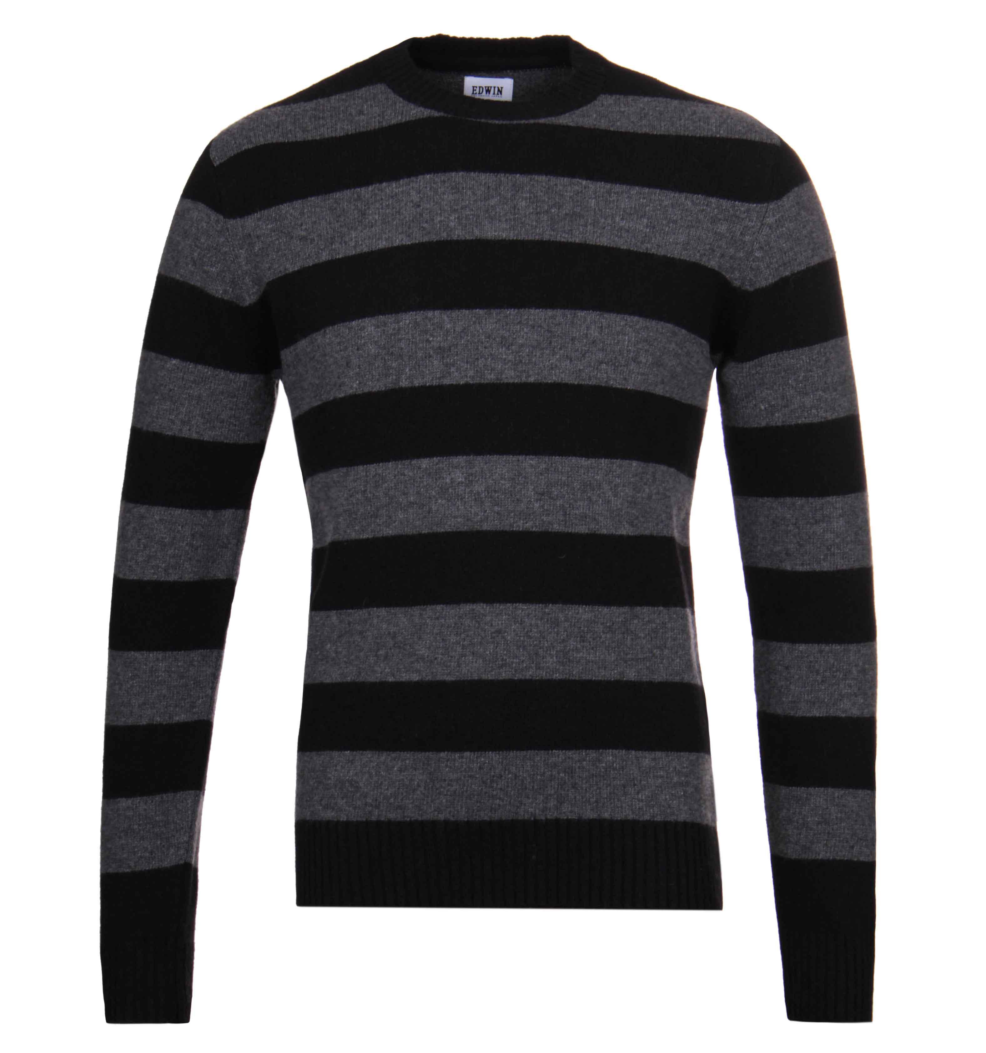 Lyst - Edwin Standard Bar Black & Charcoal Striped Crew Neck Sweater in ...