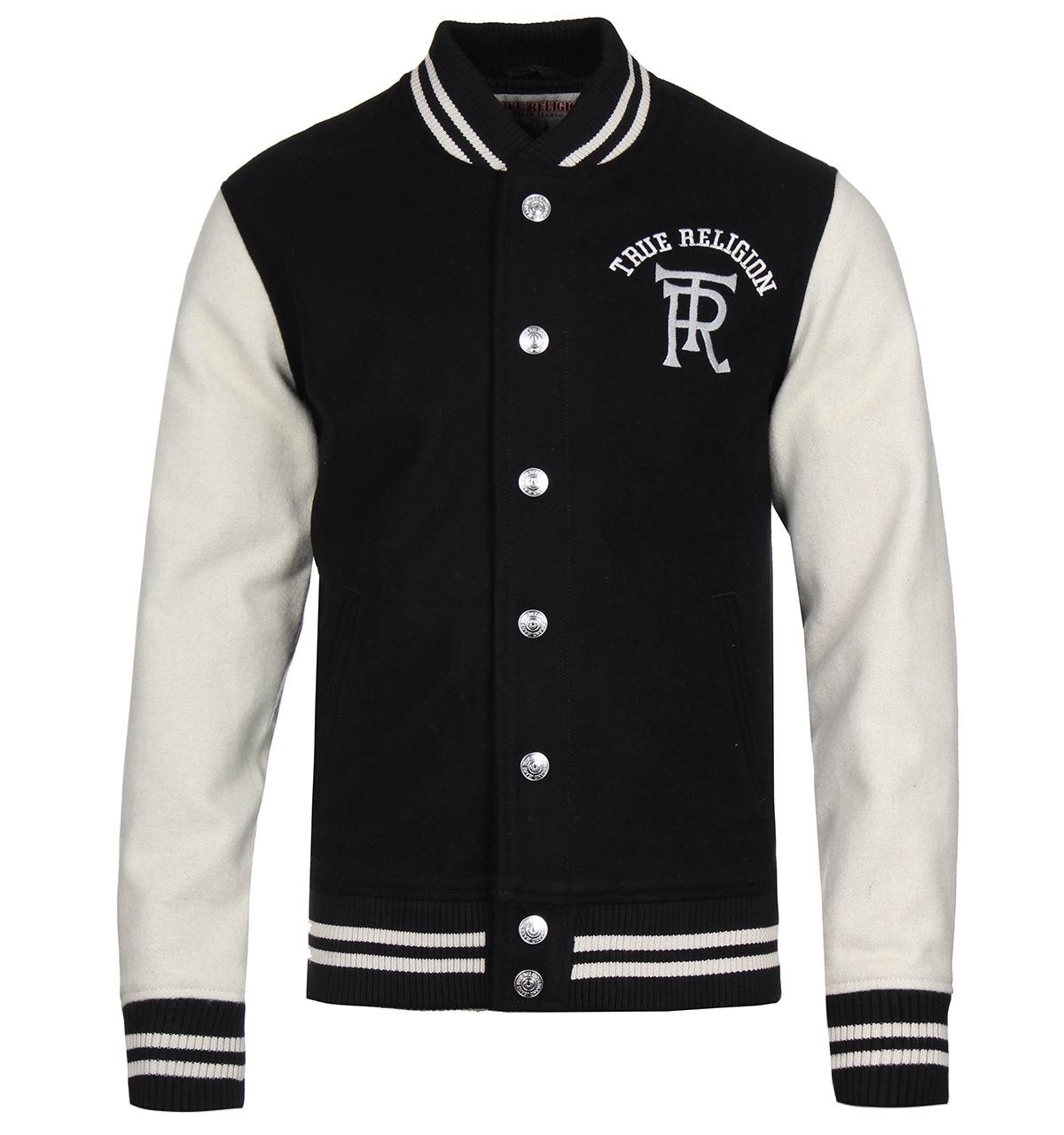 True Religion Black & Cream Varsity Baseball Bomber Jacket in Black for