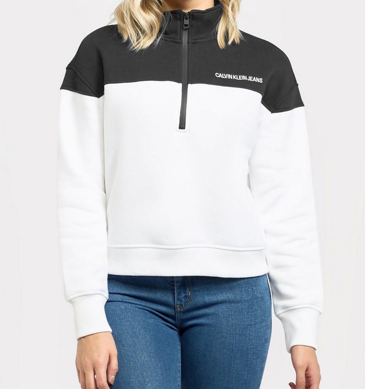 Calvin Klein Womens Colour Block Organic Blend Half Zip Sweatshirt in Black  | Lyst