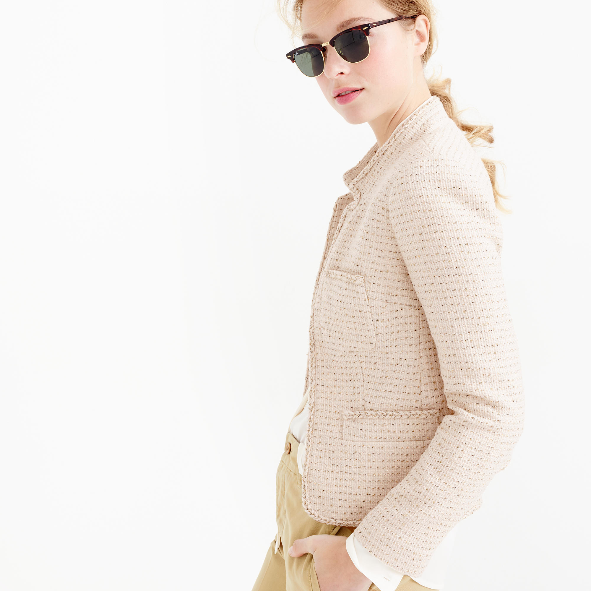 J.crew Metallic Tweed Jacket With Front Pockets in Natural Lyst
