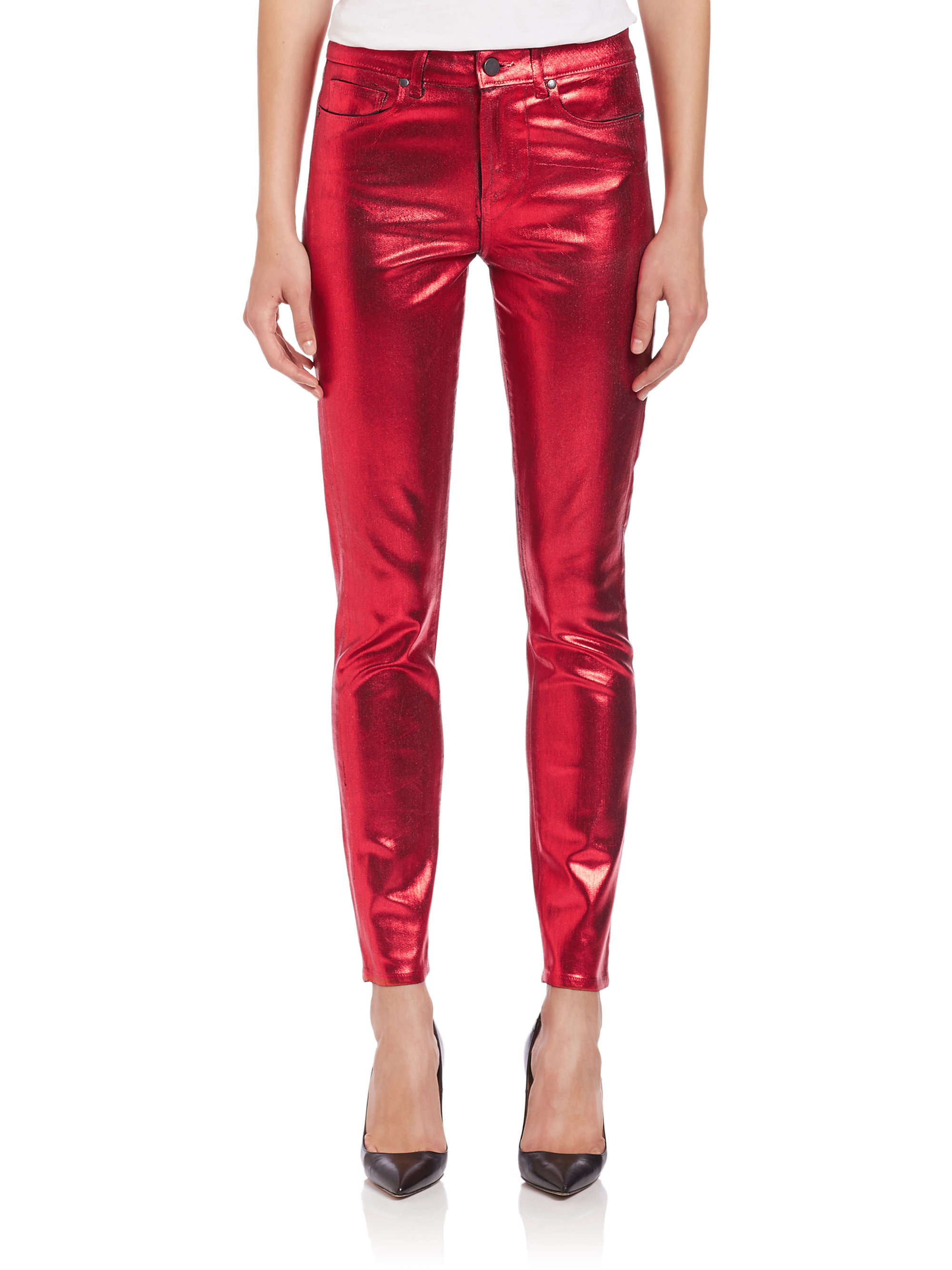 PAIGE Hoxton High-rise Metallic Ultra Skinny Jeans in Red - Lyst