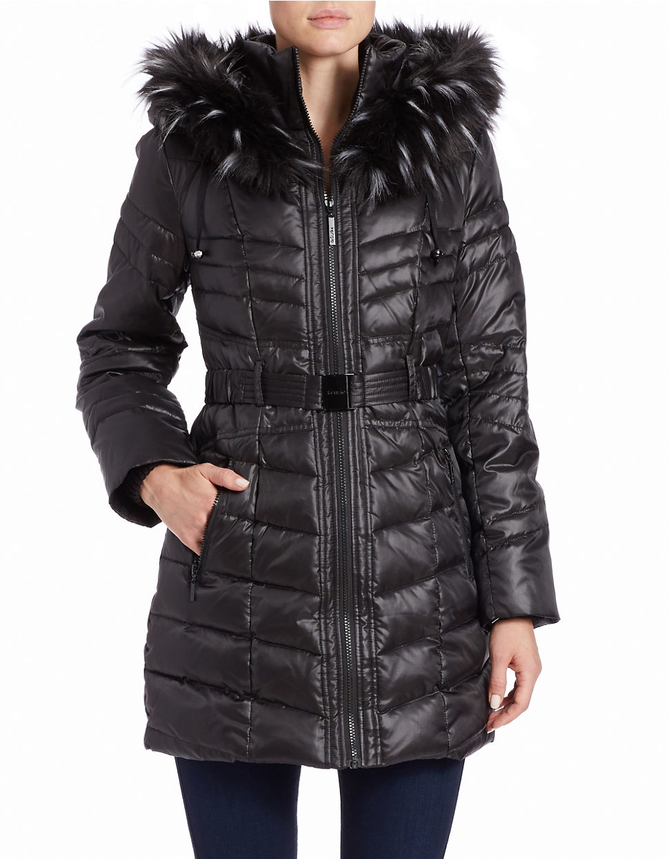 Kensie Faux Fur-trimmed Puffer Coat in Black | Lyst