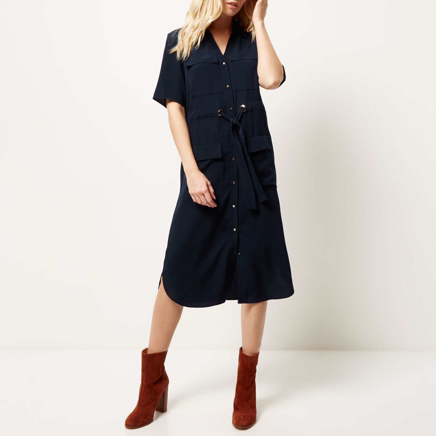 navy midi shirt dress