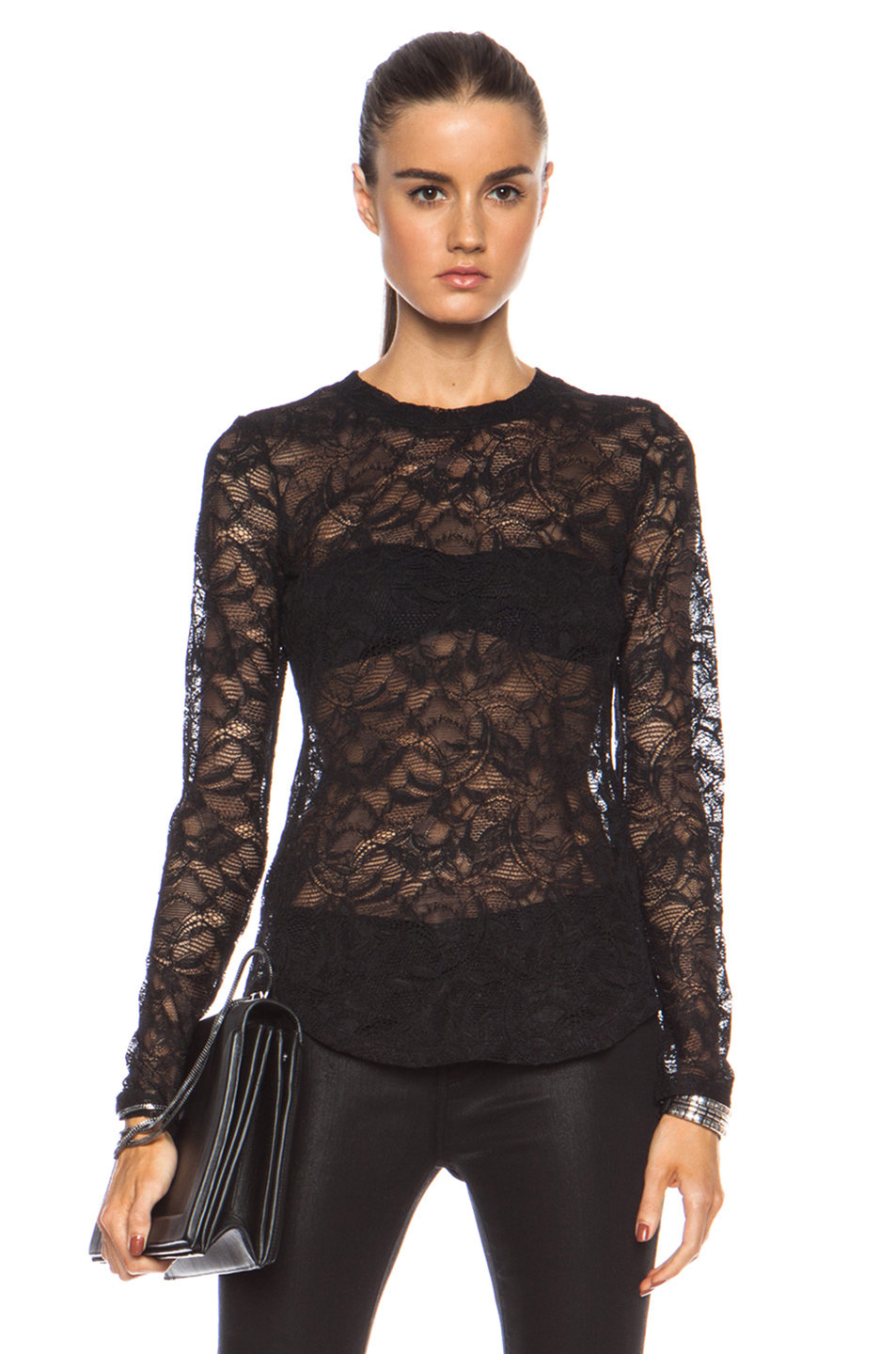 Lyst - Raquel Allegra Lace Long Sleeve Top in Black