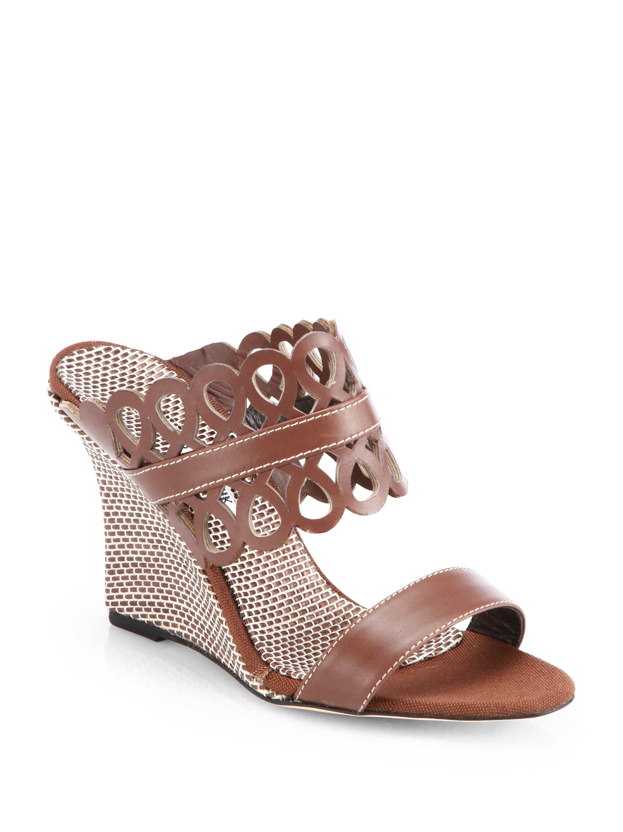 Manolo blahnik Gasina Double-Strap Leather Wedge Sandals in Brown | Lyst