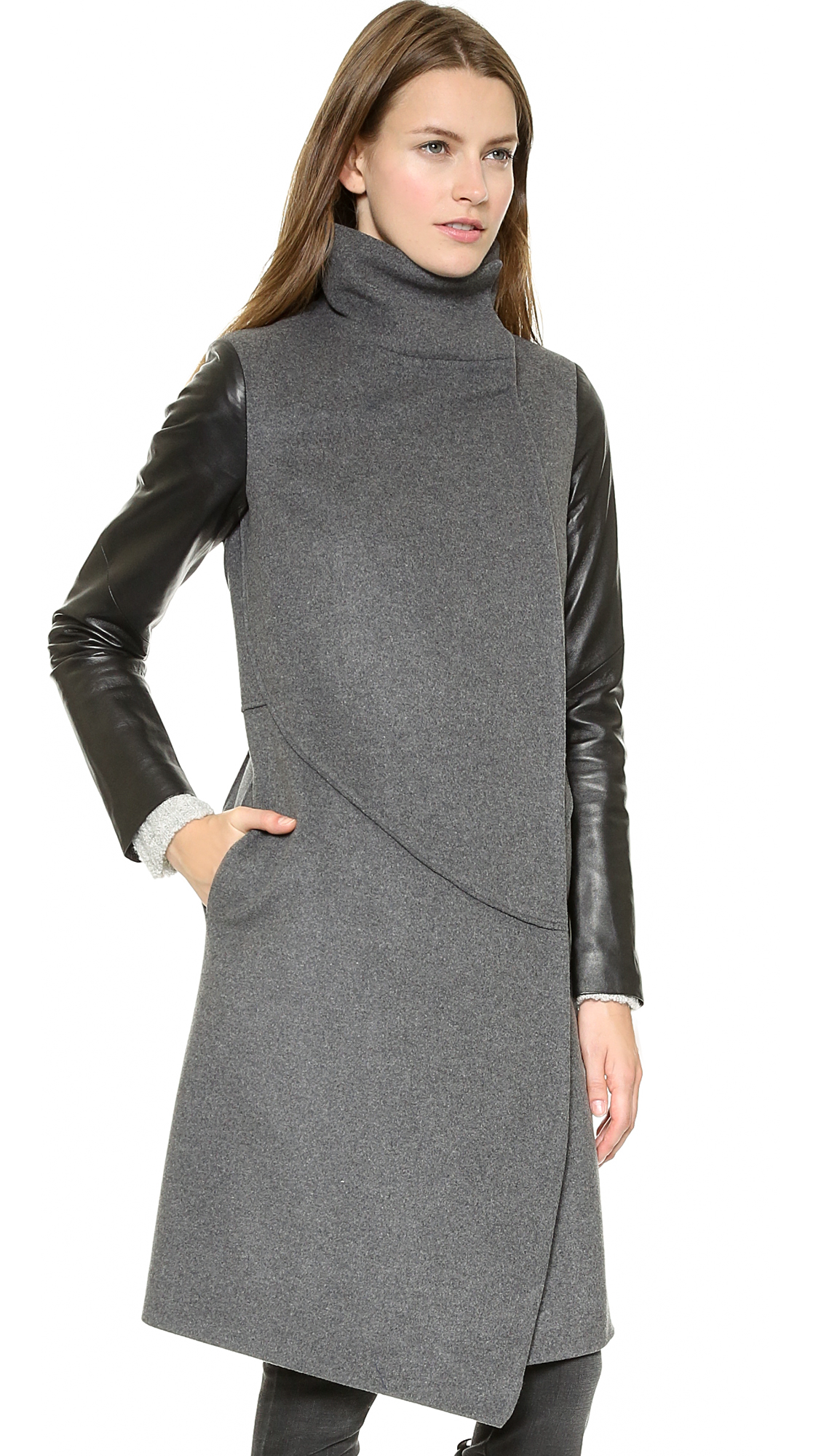 Tess Giberson Funnel Neck Coat With Leather Sleeves Grey Black In Gallery