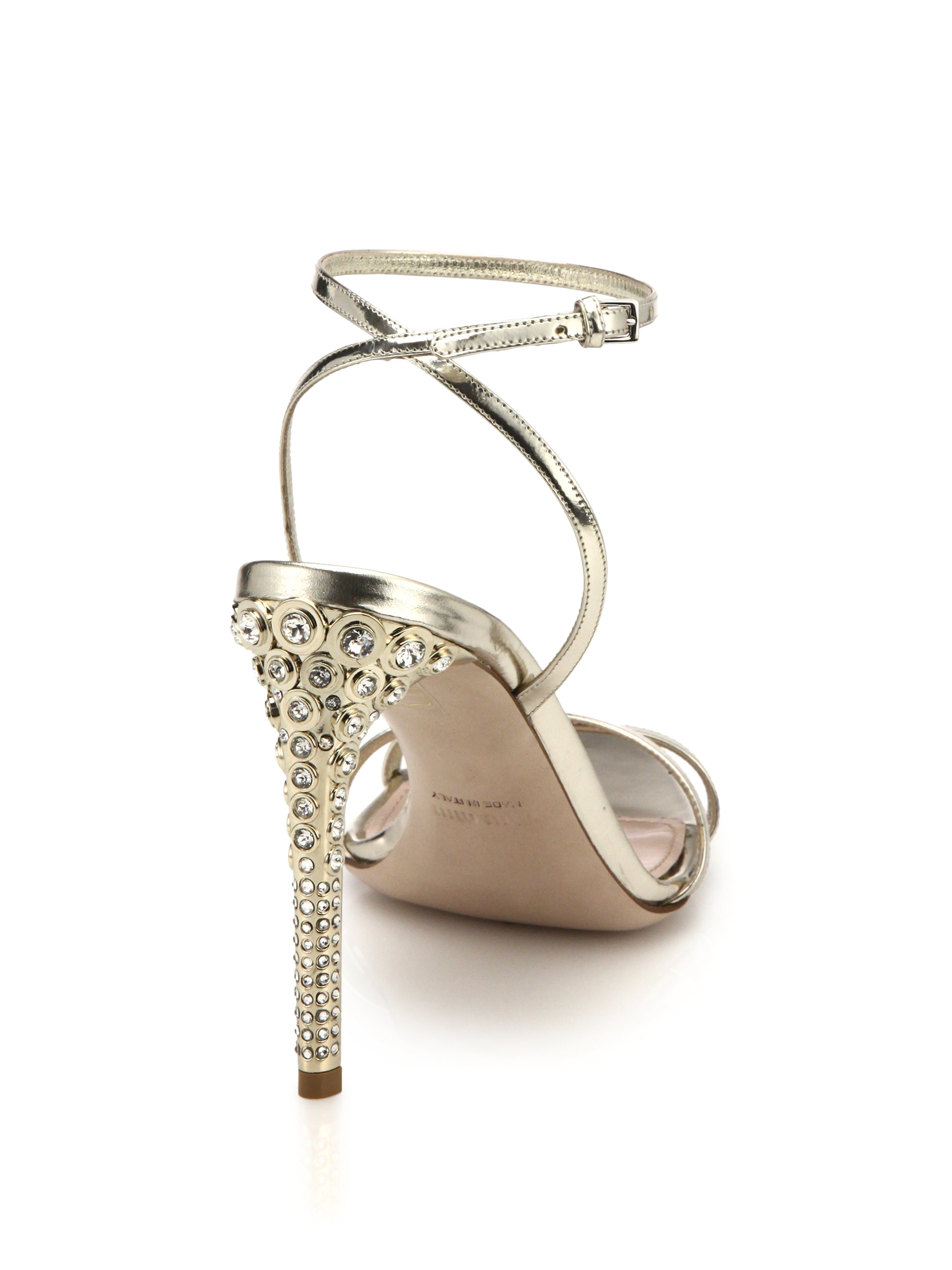 Miu Miu Swarovski CrystalHeel Metallic Leather Sandals Lyst
