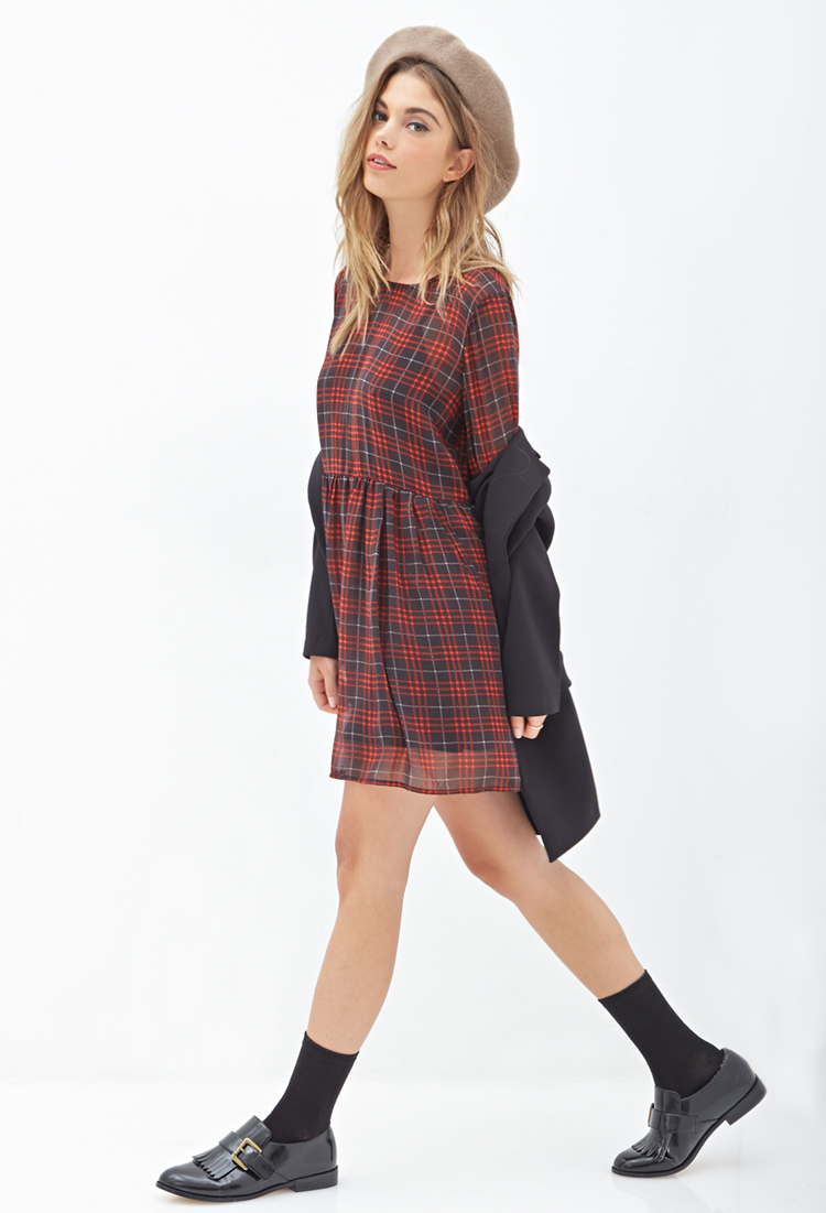 Forever 21 Plaid Chiffon Babydoll Dress in Black (Blackred)