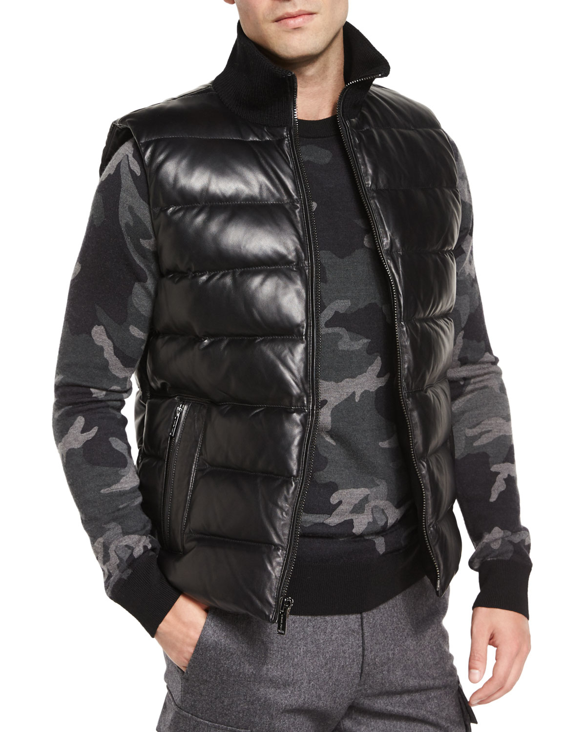 mens leather puffer vest