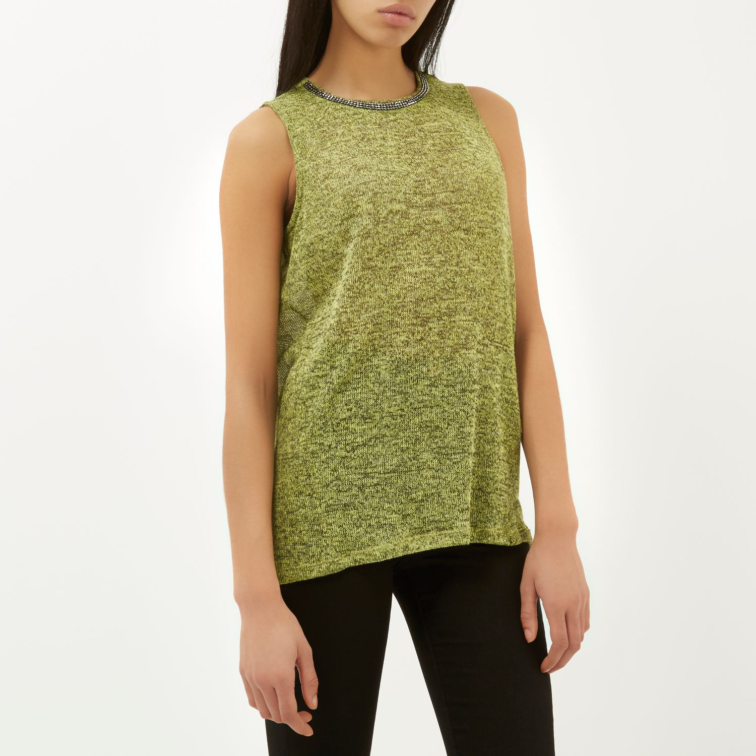 River island Lime Marl Sleeveless Embellished Neck Top in Green | Lyst