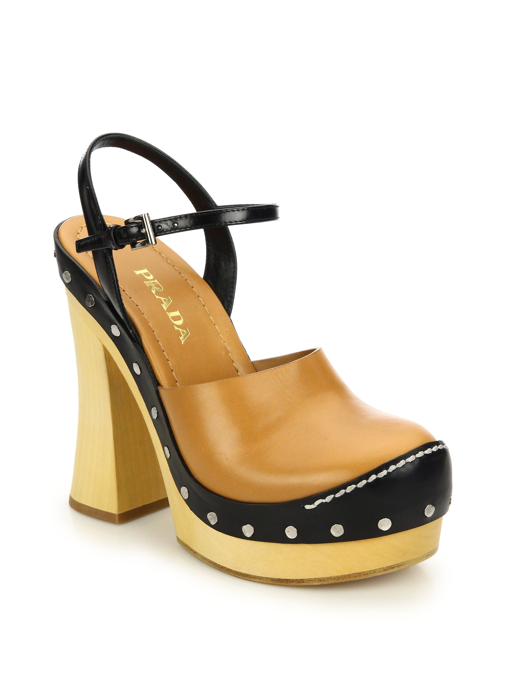 Prada Wooden-Heeled Leather Platform Sandals in Brown | Lyst