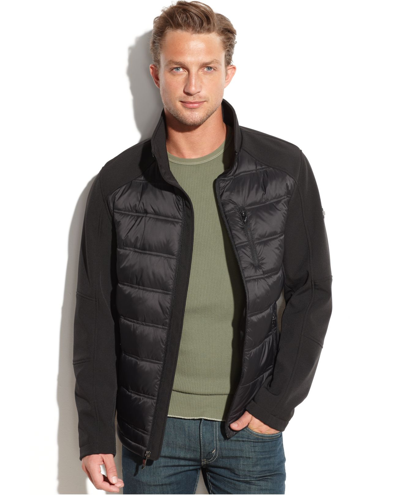 Calvin Klein Mixed-Media Quilted Jacket in Black for Men - Lyst
