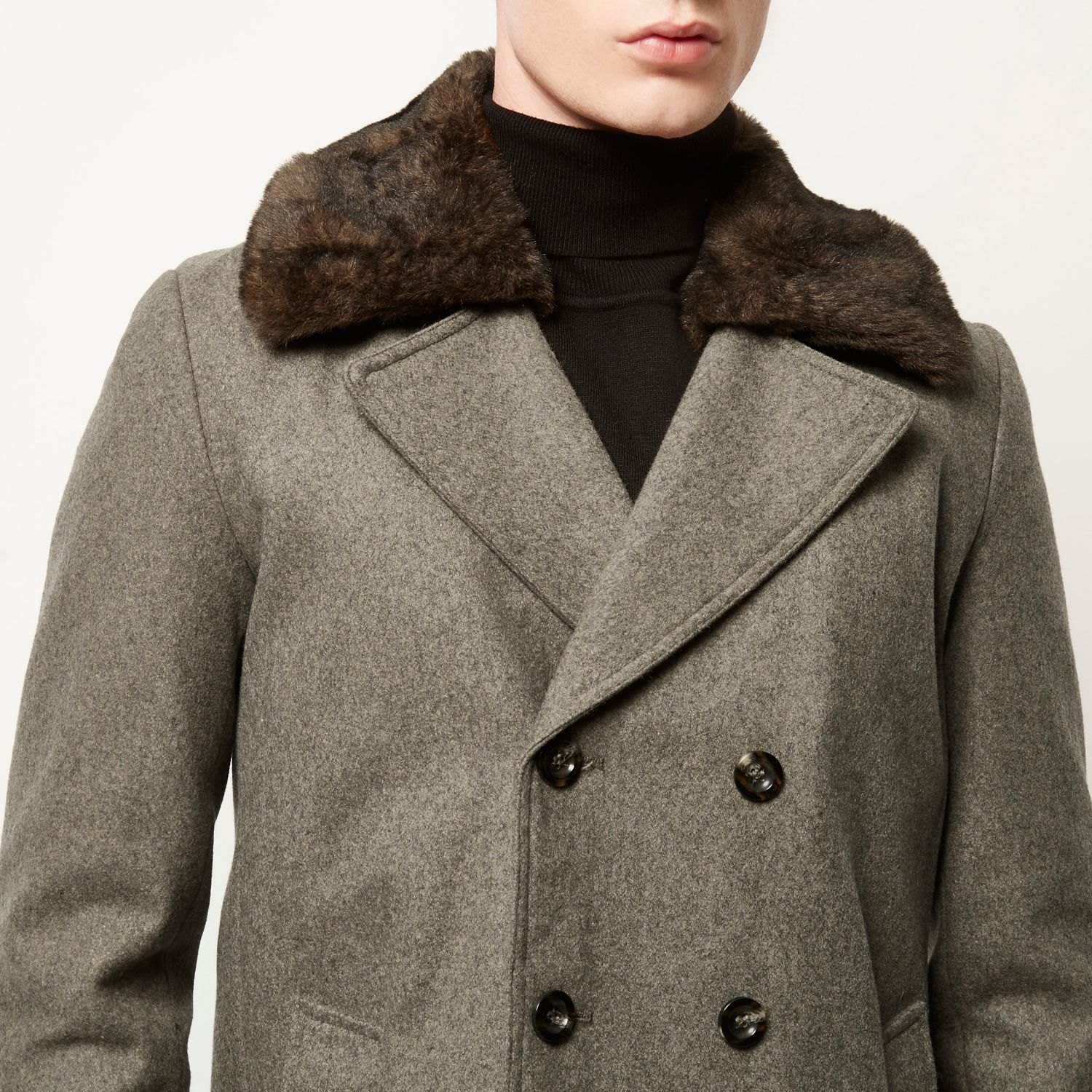 Mens Double Breasted Wool Overcoat Fur Collar Winter