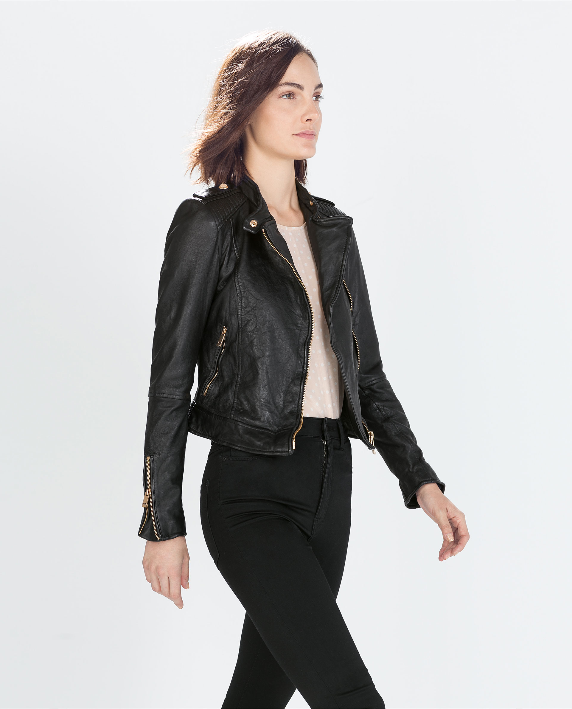 Zara Leather Biker Jacket in Black | Lyst