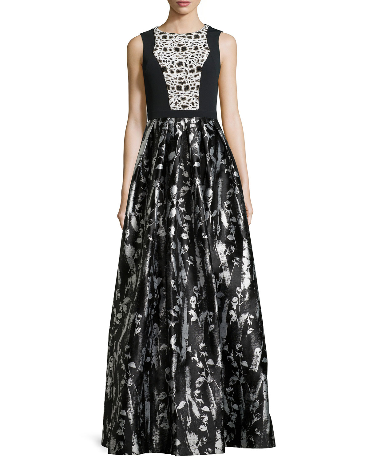 Carmen marc valvo Floral-print Sleeveless Gown in Gray | Lyst