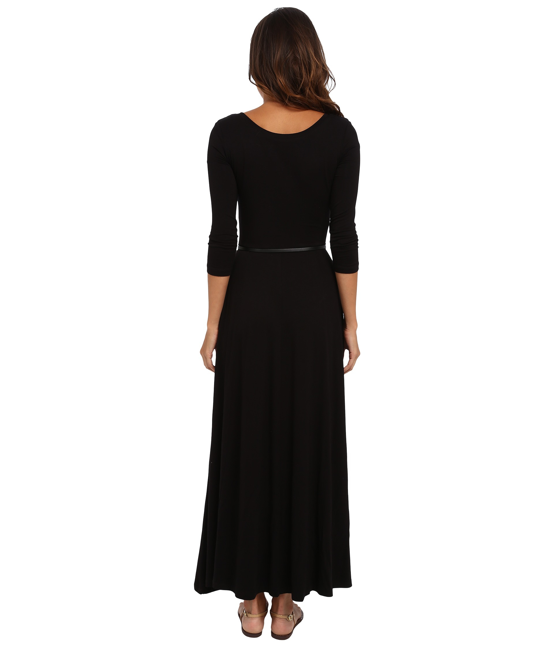Calvin klein 34 Sleeve Belted Rayon Span Maxi Dress in Black | Lyst