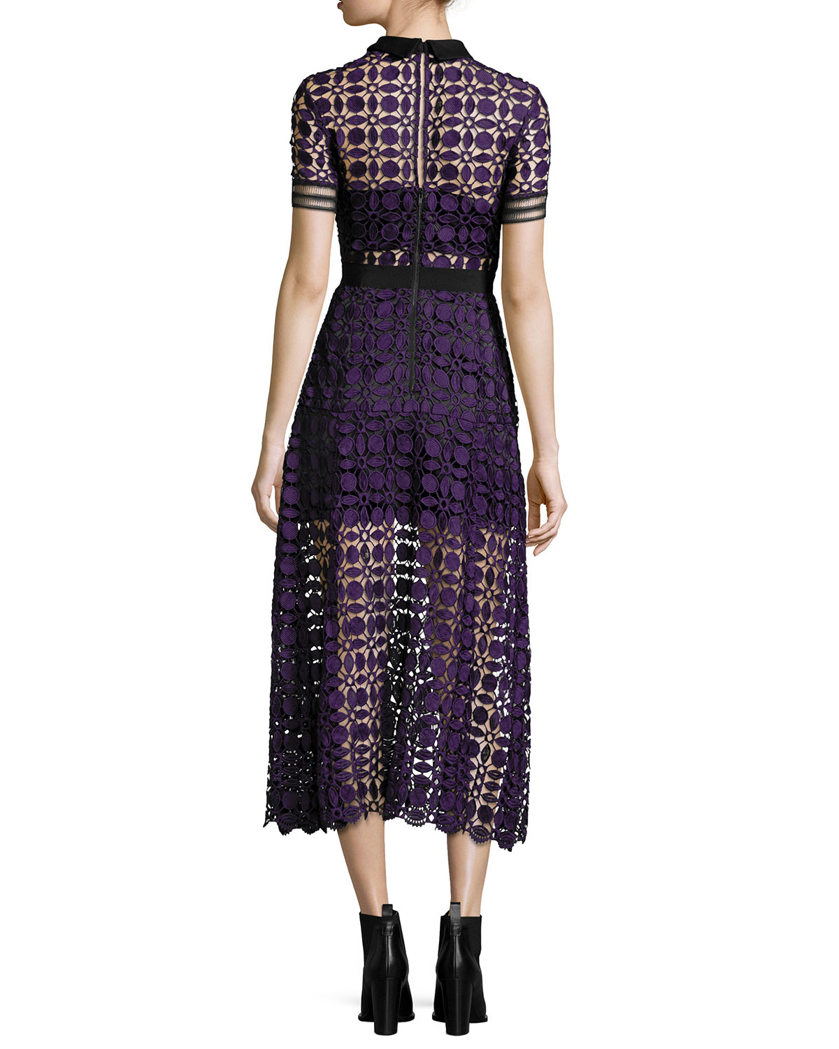 Self-Portrait Short-sleeve Guipure-lace Midi Dress in Purple | Lyst