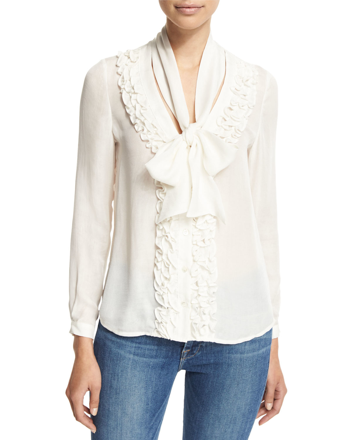Frame Ruffle Tie-neck Blouse in White | Lyst