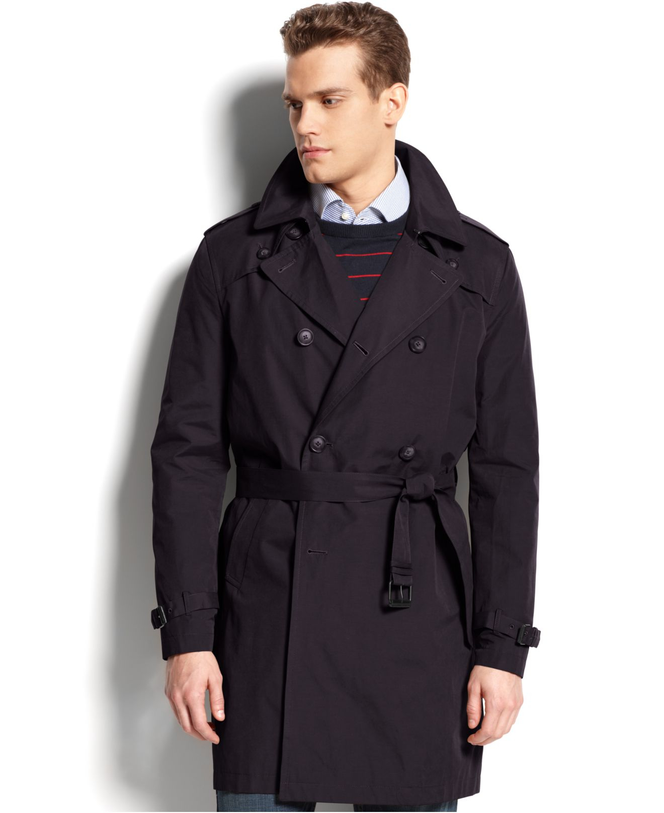 Tommy Hilfiger Double-breasted Belted Trench Coat in Black for Men - Lyst