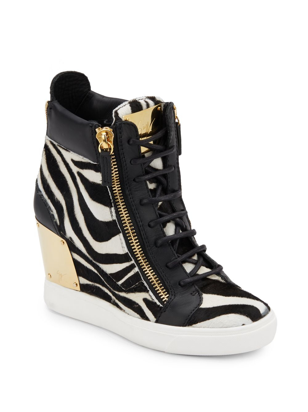 Giuseppe zanotti Leather & Calf Hair Wedge Sneakers in Black Lyst