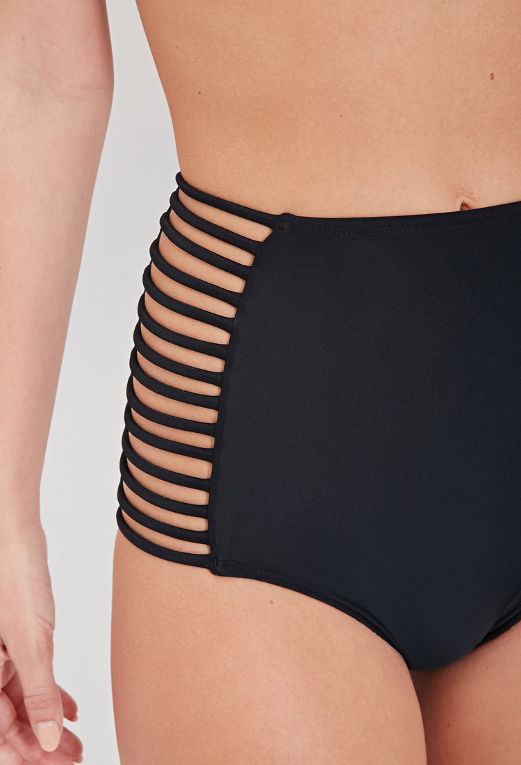 black strappy high waisted bikini bottoms