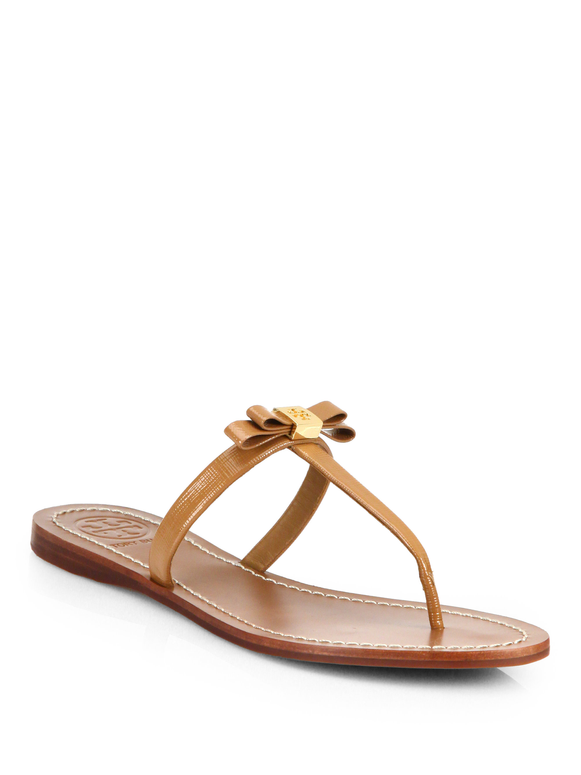 Lyst - Tory burch Leighanne Patent Saffiano Leather Bow Sandals in Brown