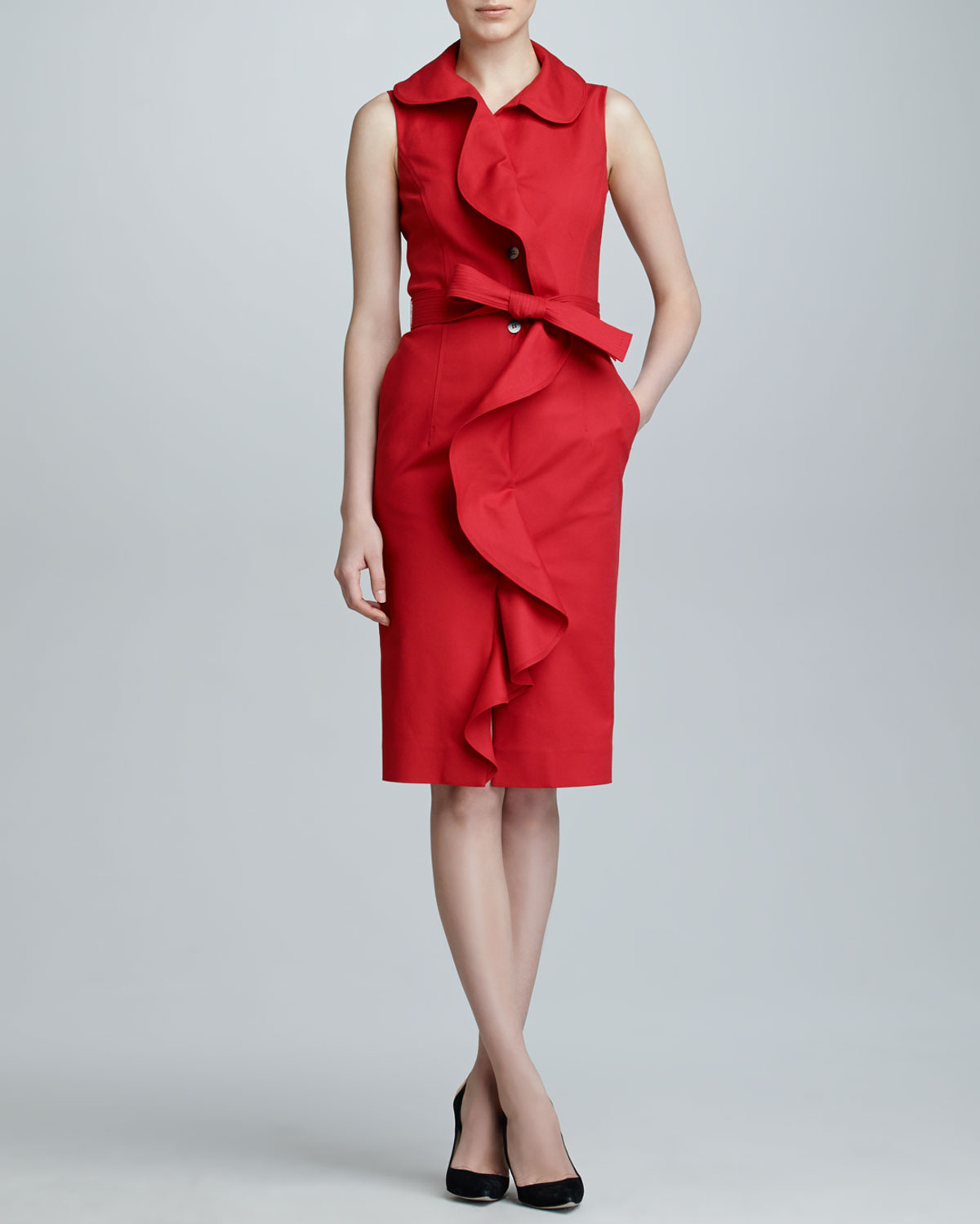 Carolina herrera Sleeveless Rufflefront Dress in Red | Lyst