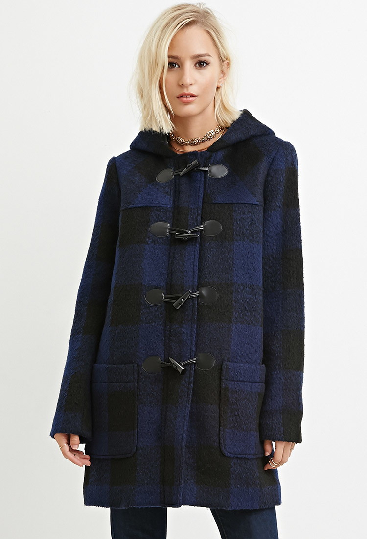 Forever 21 Toggle-front Plaid Coat in Blue | Lyst