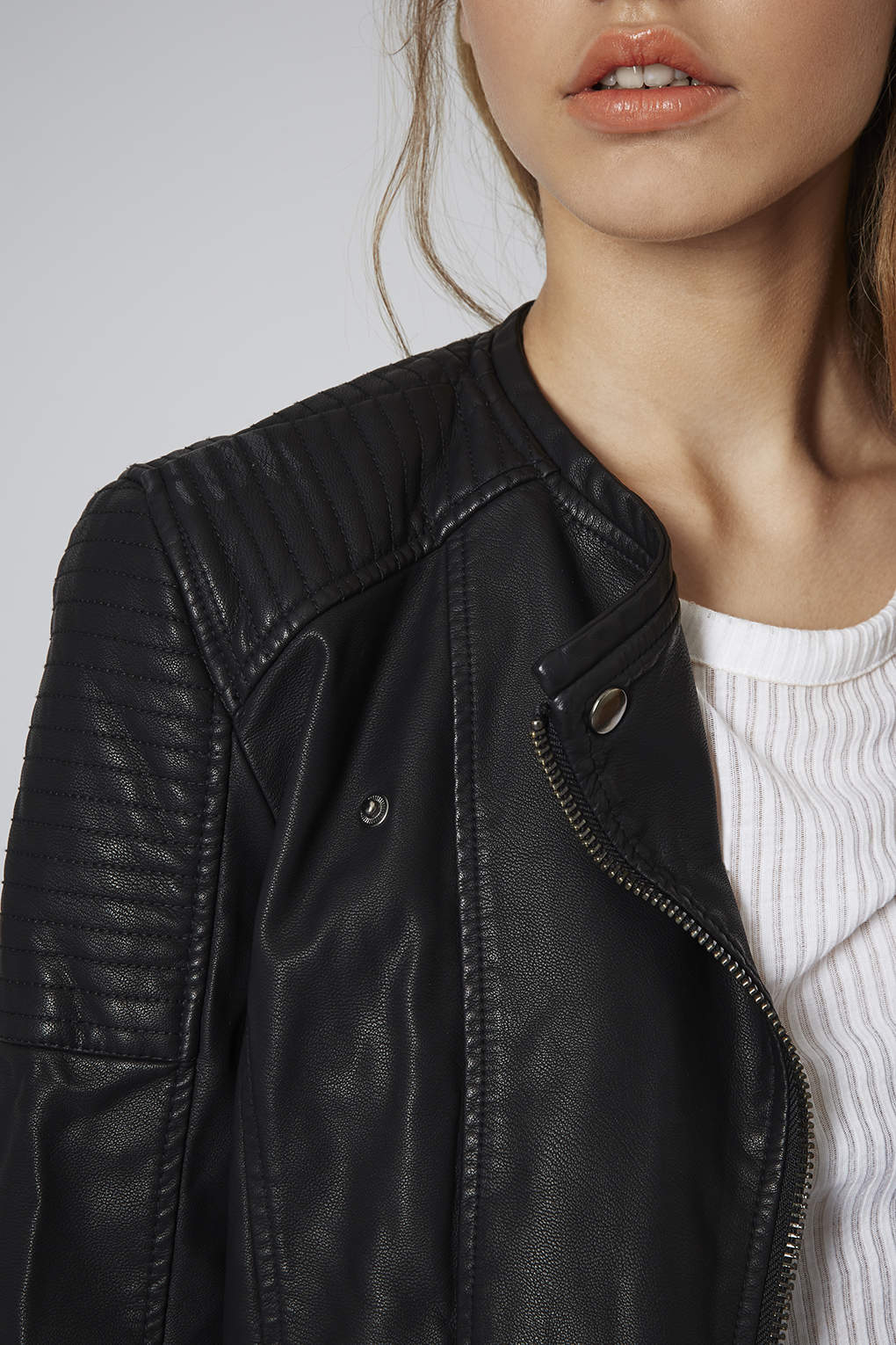 Collarless Faux Leather Biker Jacket in Black Lyst