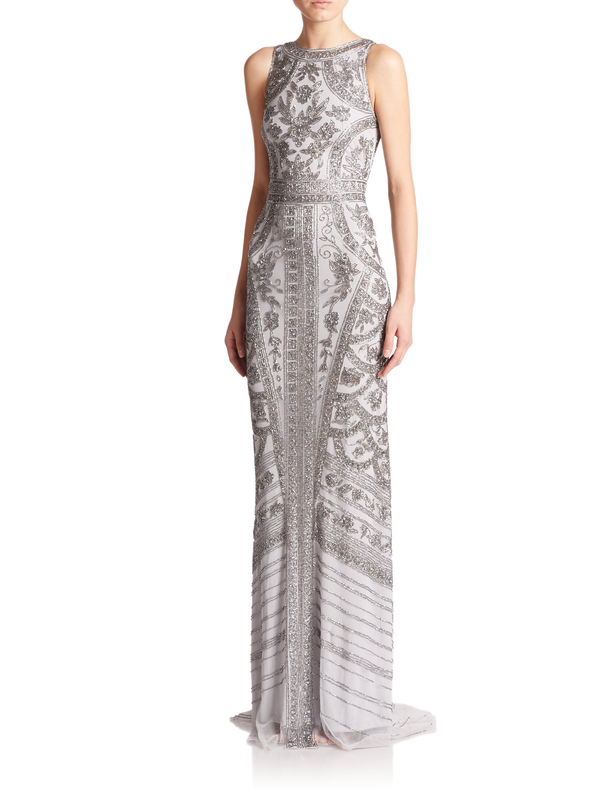 Lyst Theia Floral Beaded Column Gown in Metallic
