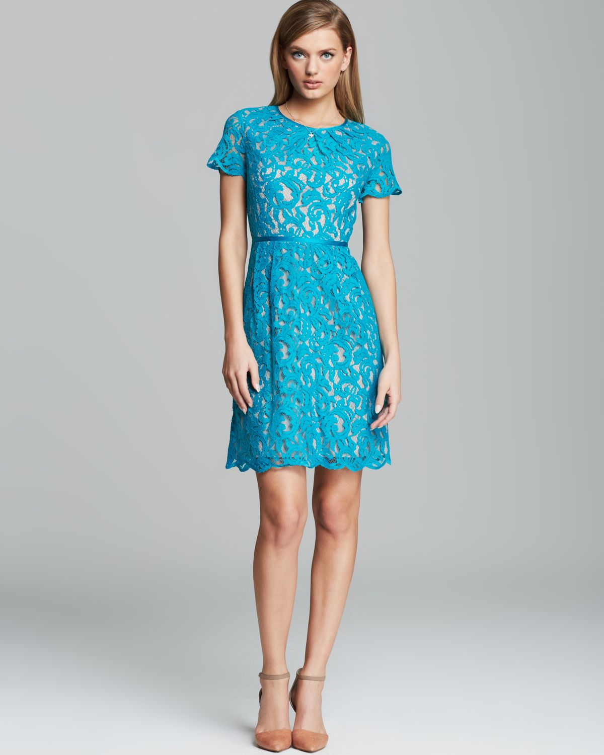 Adrianna Papell Dress Short Sleeve Lace Fit and Flare in Blue | Lyst