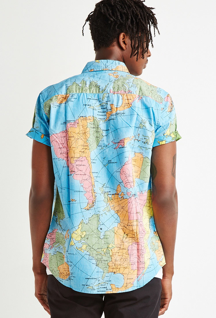 world map shirt forever 21 Forever 21 Reverse Map Print Cotton Shirt In Blue Orange Blue world map shirt forever 21