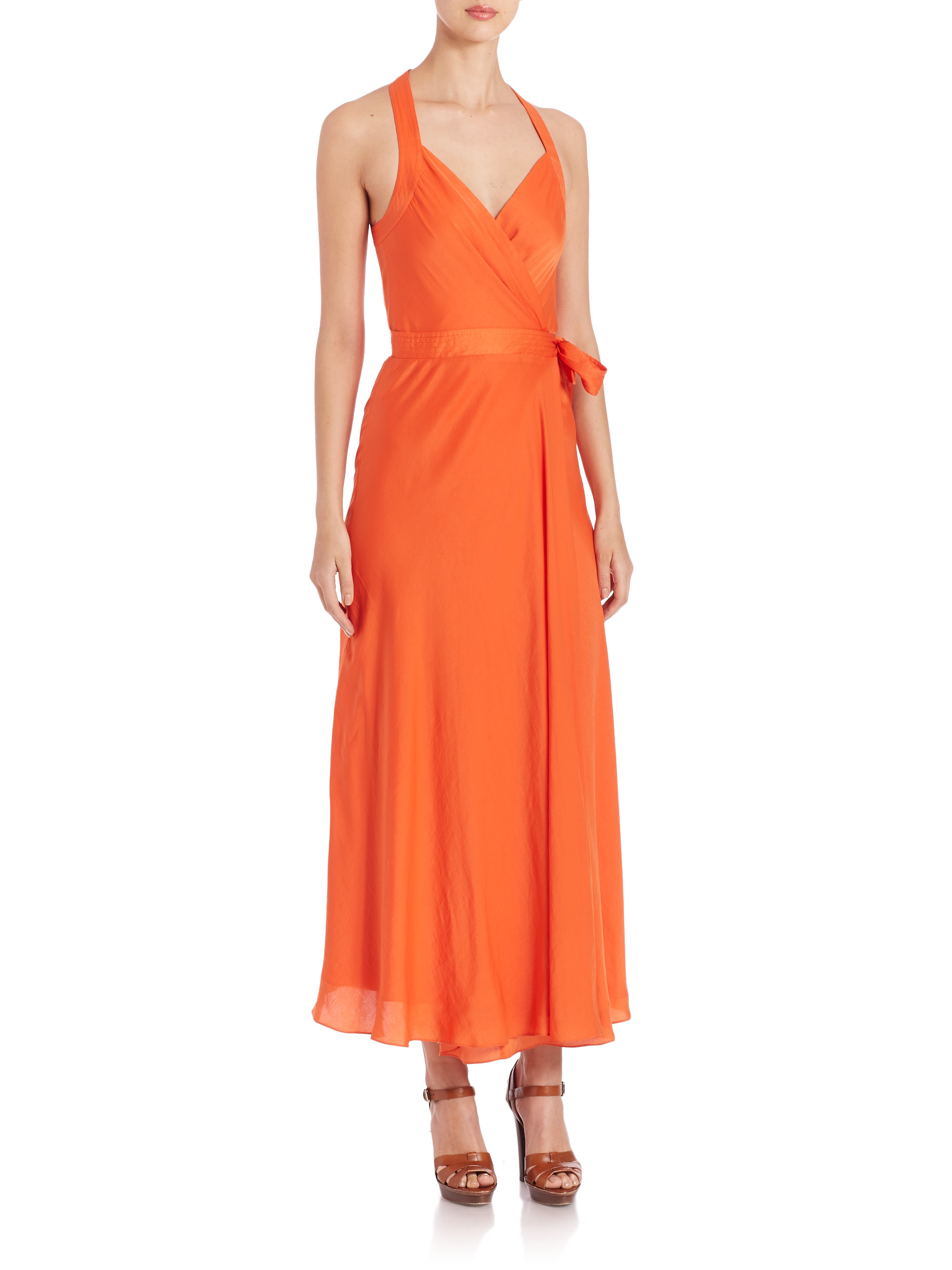 orange satin wrap dress