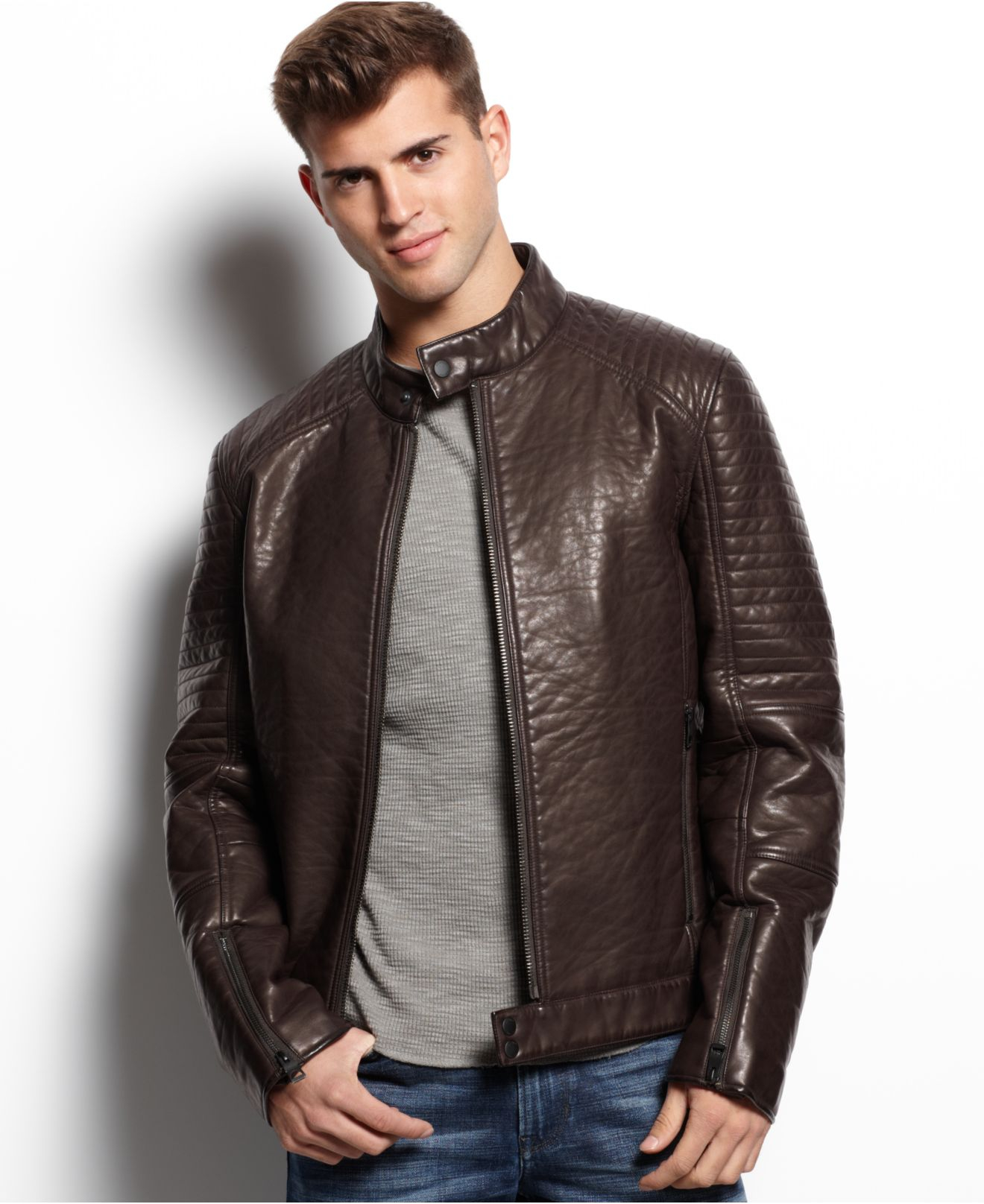Lyst Guess Quilted Moto Jacket In Brown For Men Gallery