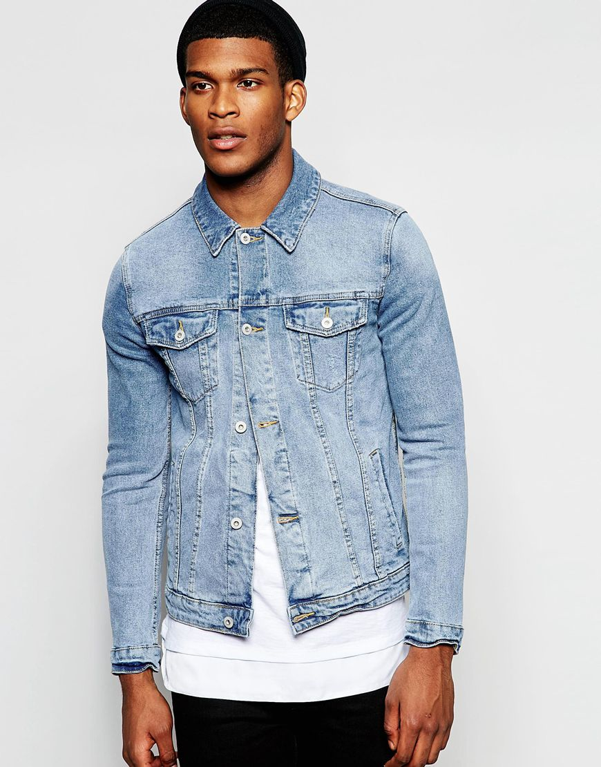 Asos Denim Jacket In Skinny Fit With Mid Wash - Blue in Blue for Men | Lyst