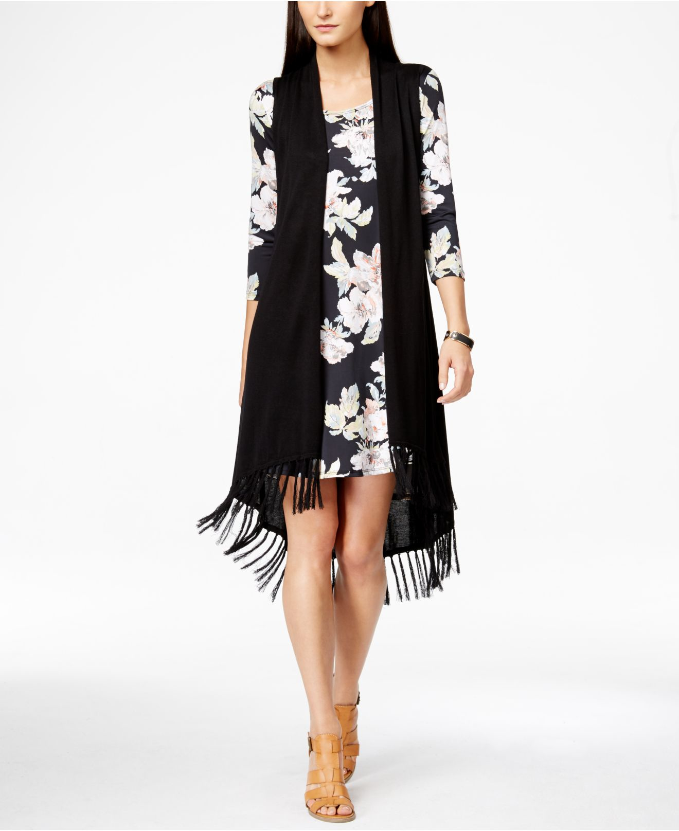 Lyst Karen Kane Long Fringe Sweater Vest in Black