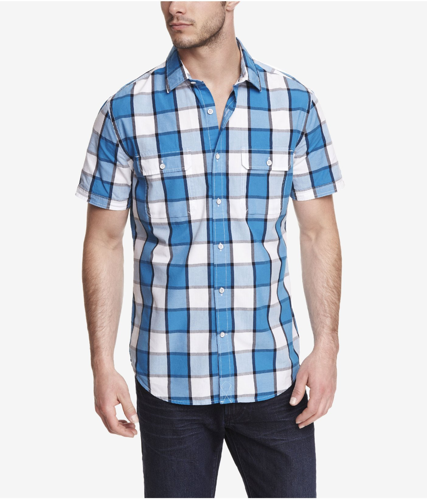 Lyst Express Fitted Short Sleeve Plaid Shirt in Blue for Men