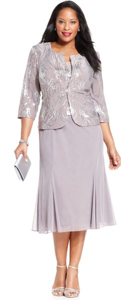 ... Evenings Plus Size Sequin Chiffon Dress And Jacket in Purple (Pewter