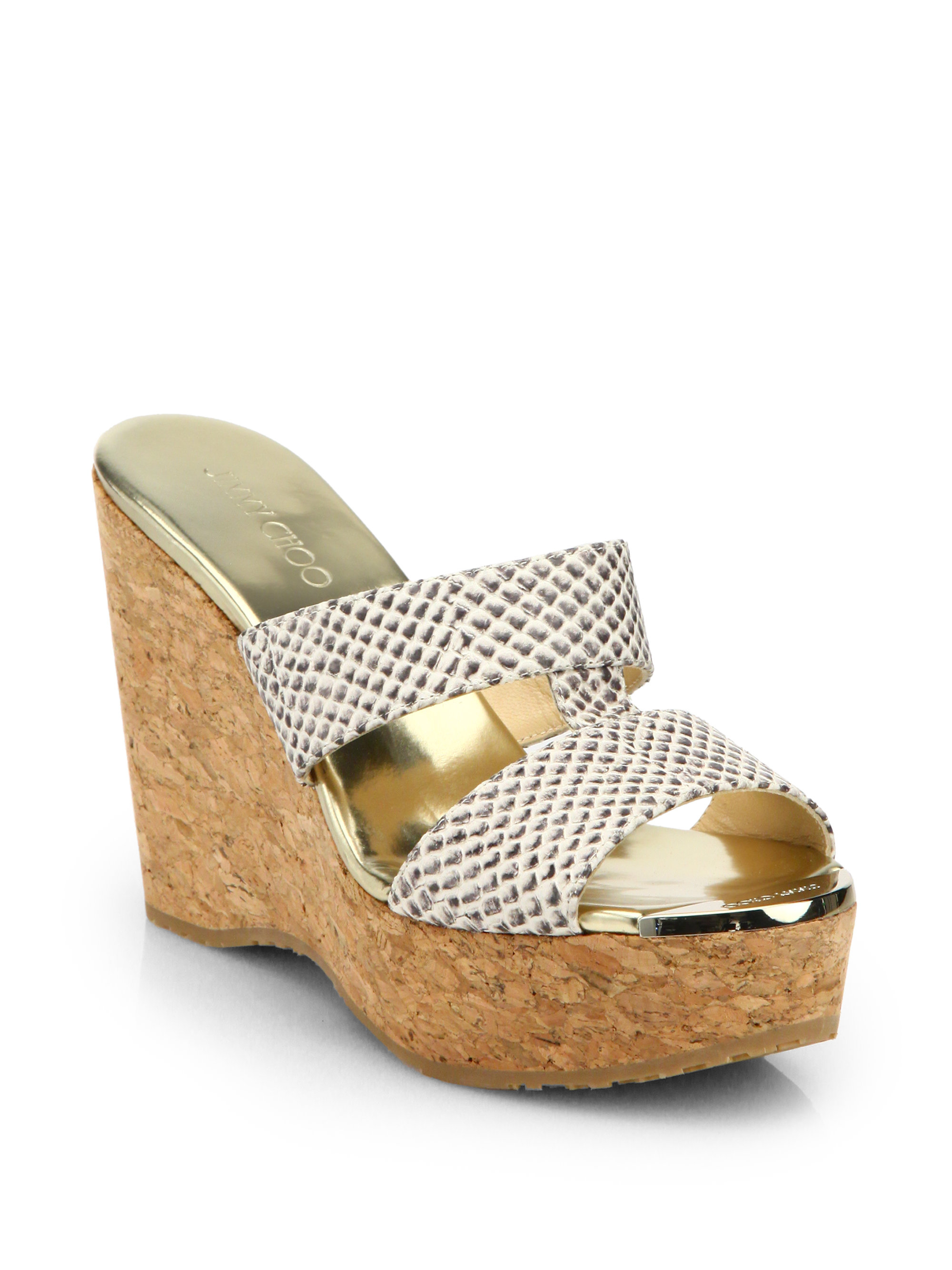Jimmy Choo Porter Spotted Leather Cork Wedge Sandals in Natural - Lyst