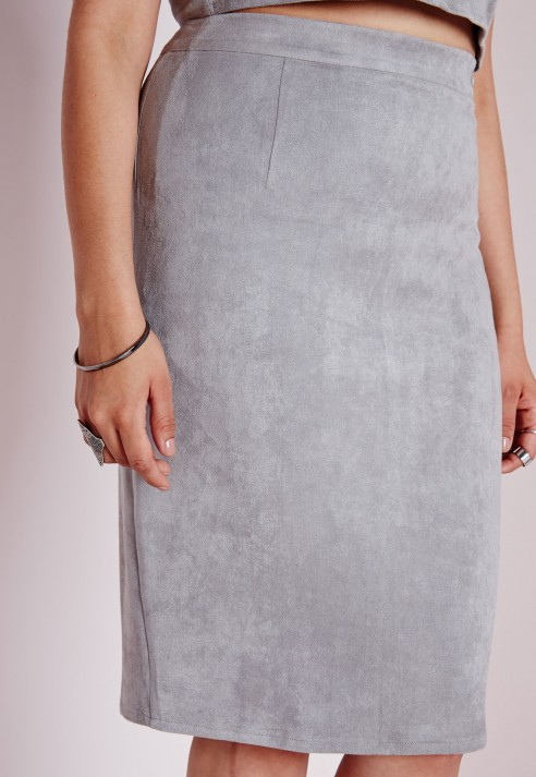 Missguided Plus Size Faux Suede Midi Skirt Grey in Gray | Lyst