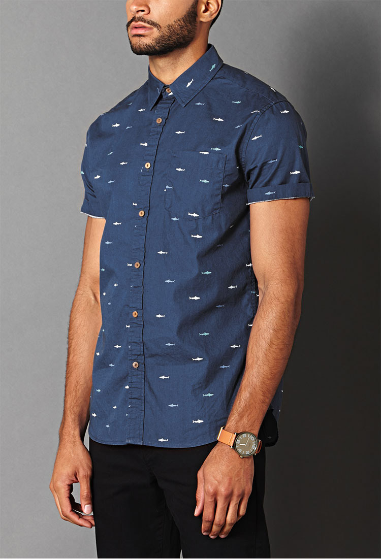 shark print button up shirt