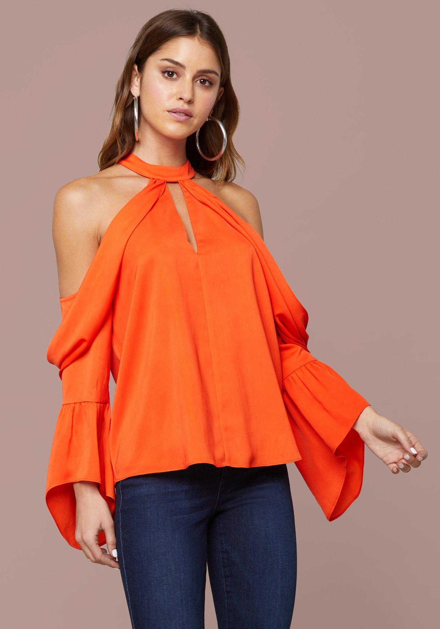 Bebe Denim Draped Cold Shoulder Blouse In Orange Lyst