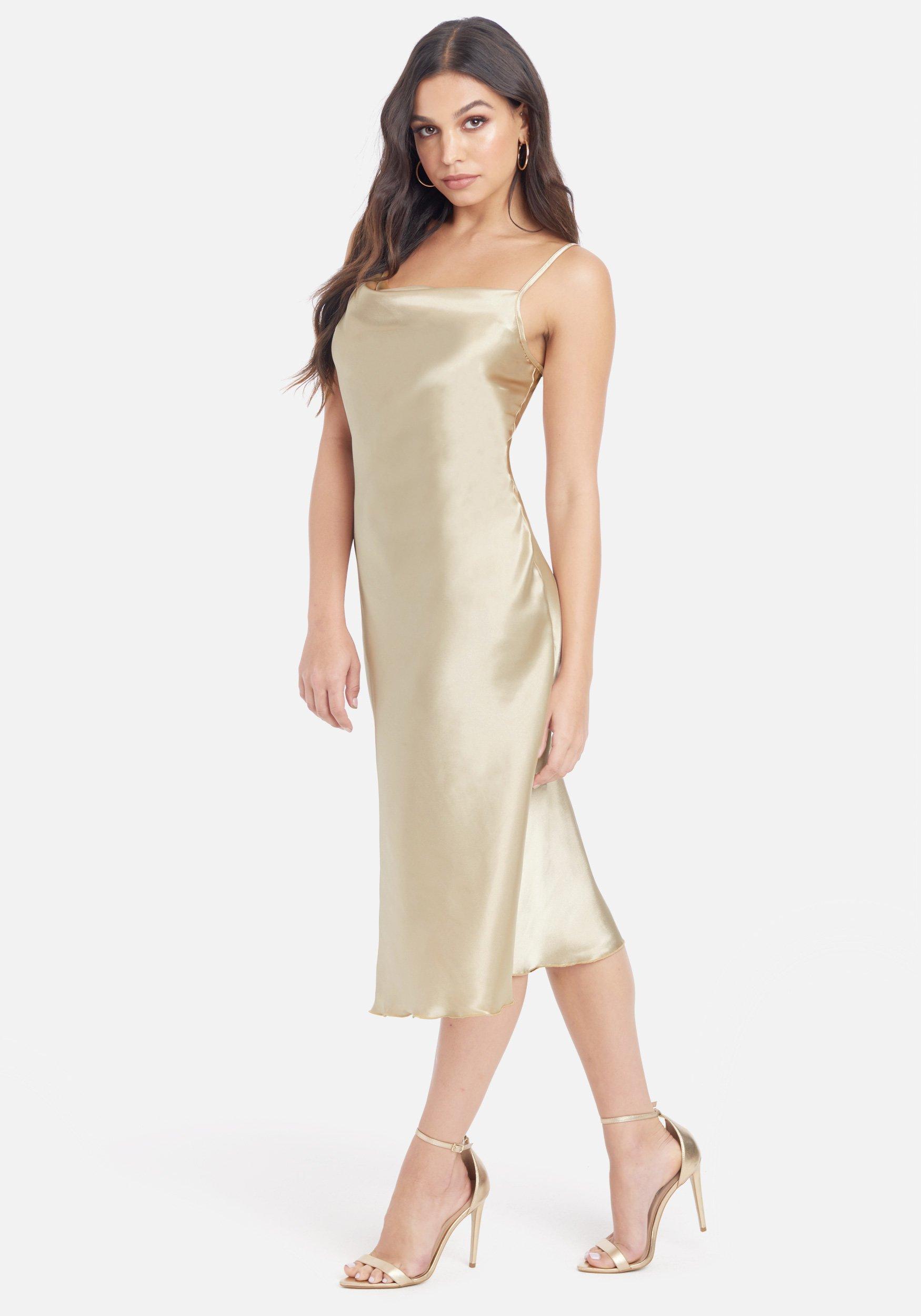 Bebe Satin Cowl Neck Slip Midi Dress In Champagne Natural Lyst