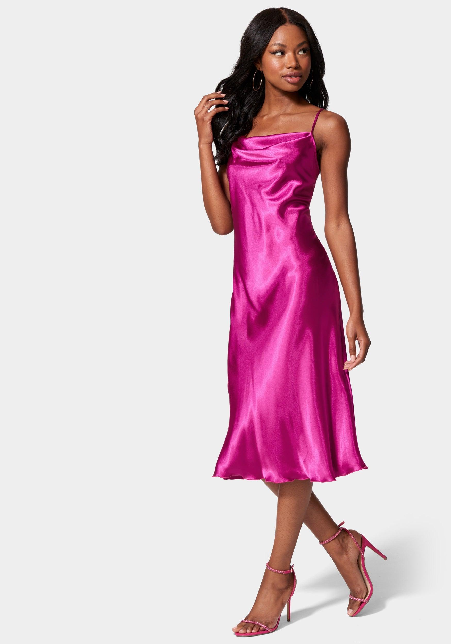 Bebe Satin Cowl Neck Slip Midi Dress in Pink | Lyst