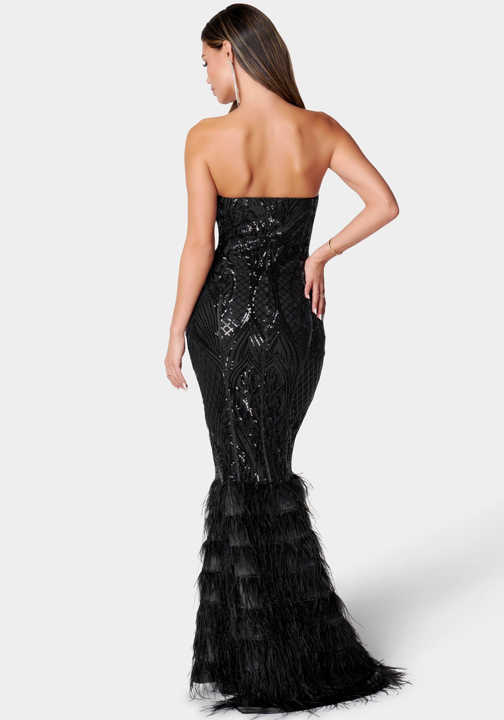 Bebe Sequin Feather Gown in Black Lyst