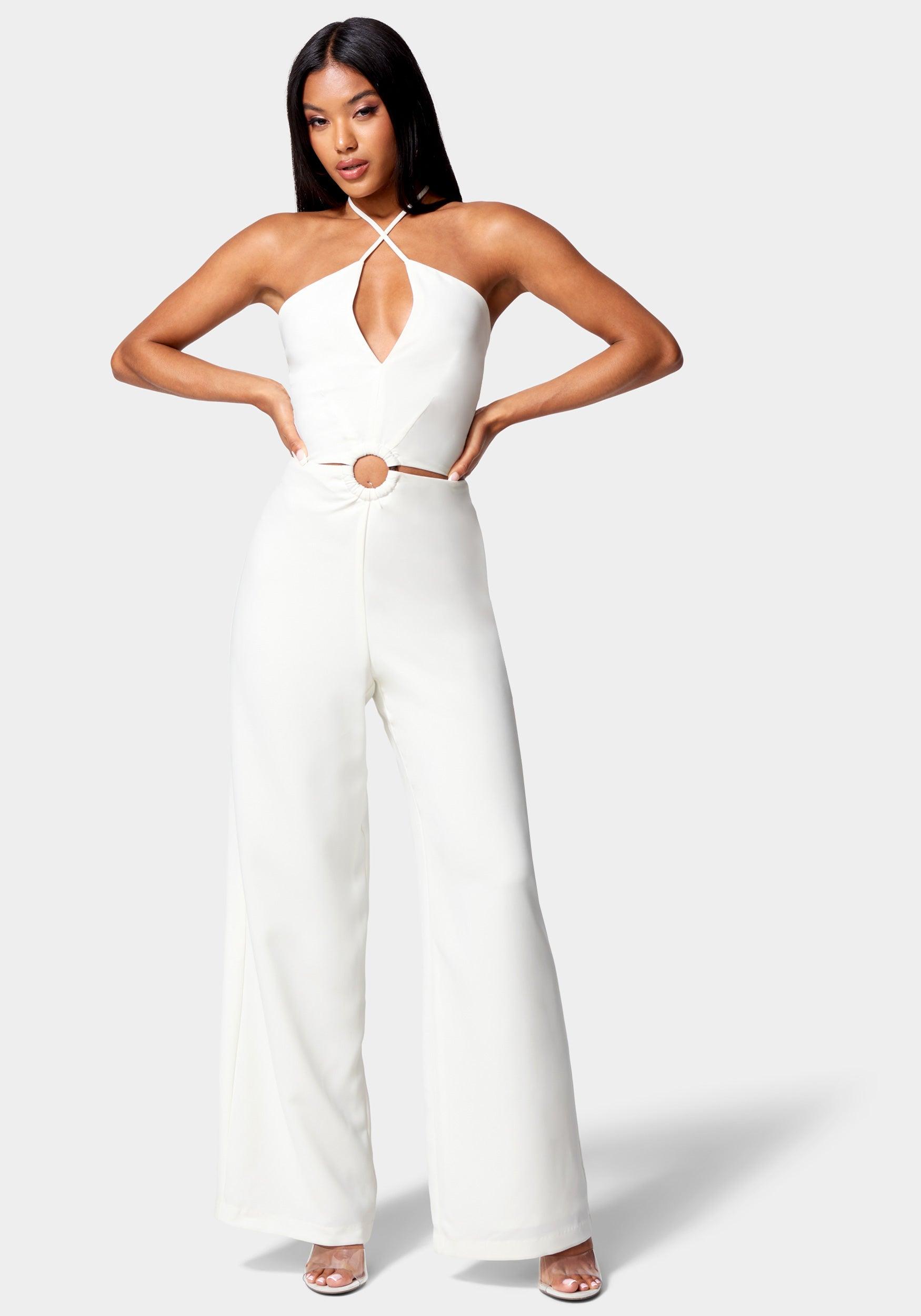 Bebe Halter Ring Detail Cut Out Wide Leg Jumpsuit in White | Lyst